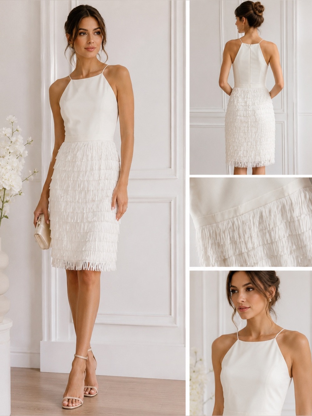 Gorgeous Aidan Mattox Sleeveless Ivory Fringe Sheath Dress